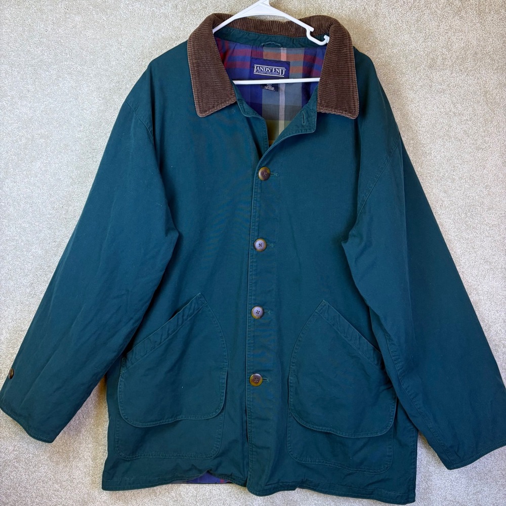 Vtg Lands End Barn Jacket Men XL Tall Green Plaid Lined Corduroy Collar Canvas